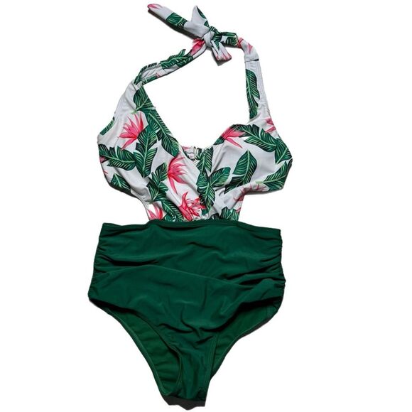 NEW Women’s one piece swimsuit tummy control halter v-neck, medium - Picture 2 of 7